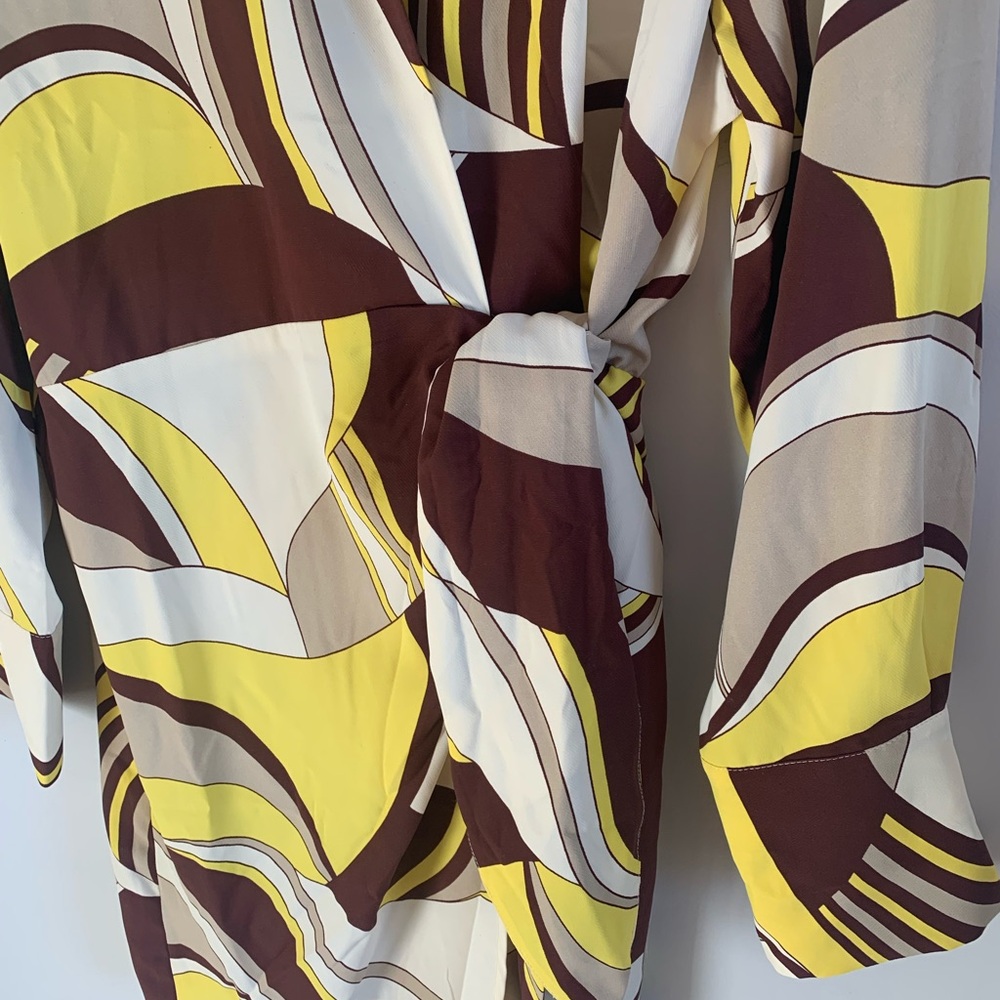 House of Harlow 1960 Yellow and Brown Geometric Wrap Dress Vintage Retro Style - Picture 4 of 6